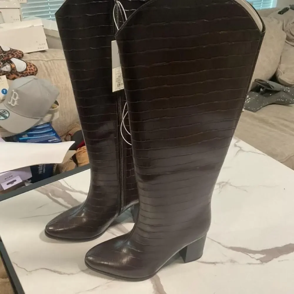 Brown crocodile textured knee high boots